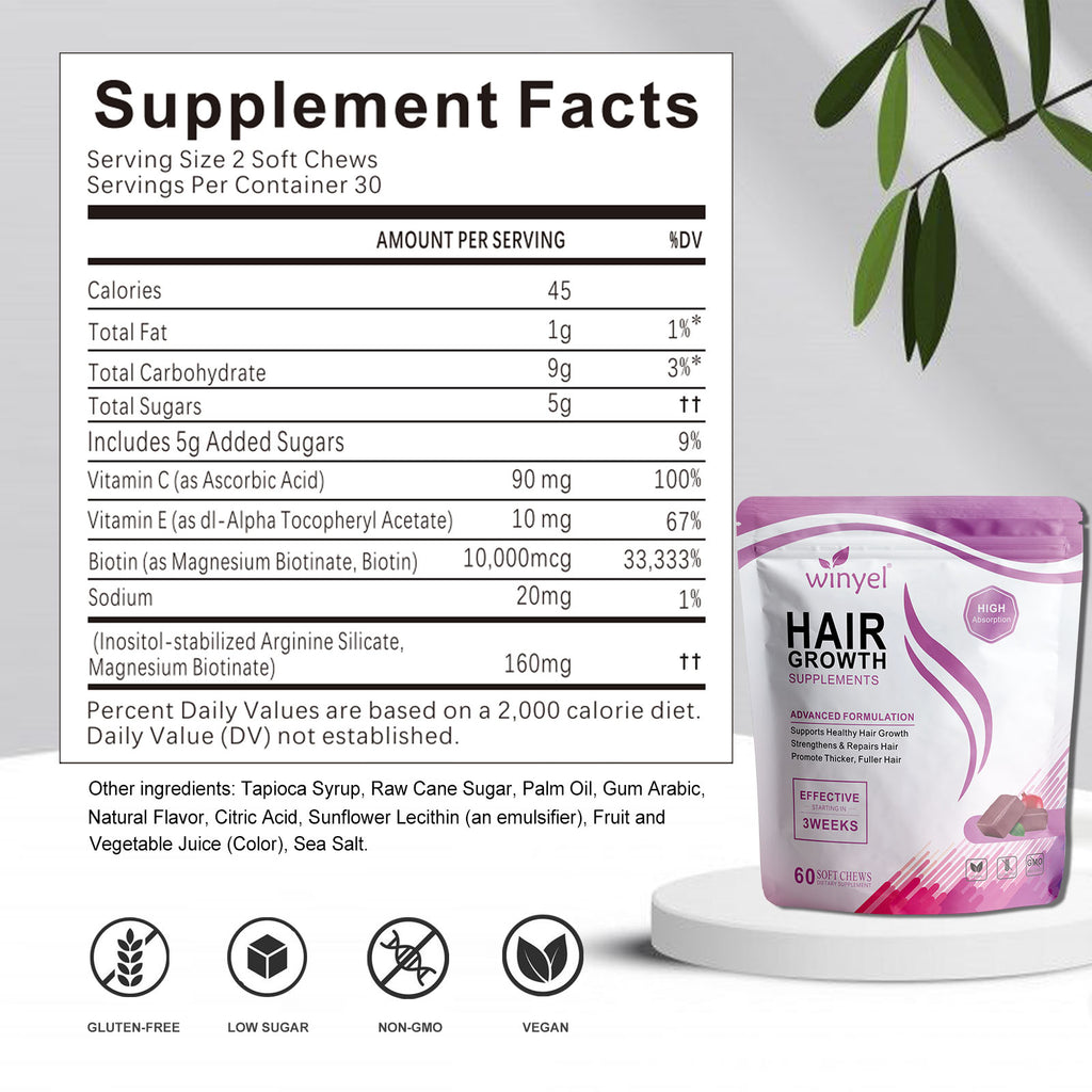 Hair Growth Vitamens WINYEL Hair Growth Soft Chewables, Containing Hair Growth Vitamins For Men And Women, Biotin, To Help Create Thicker, Fuller, And Stronger Hair, Mixed Berries, 60 Soft Chewables.