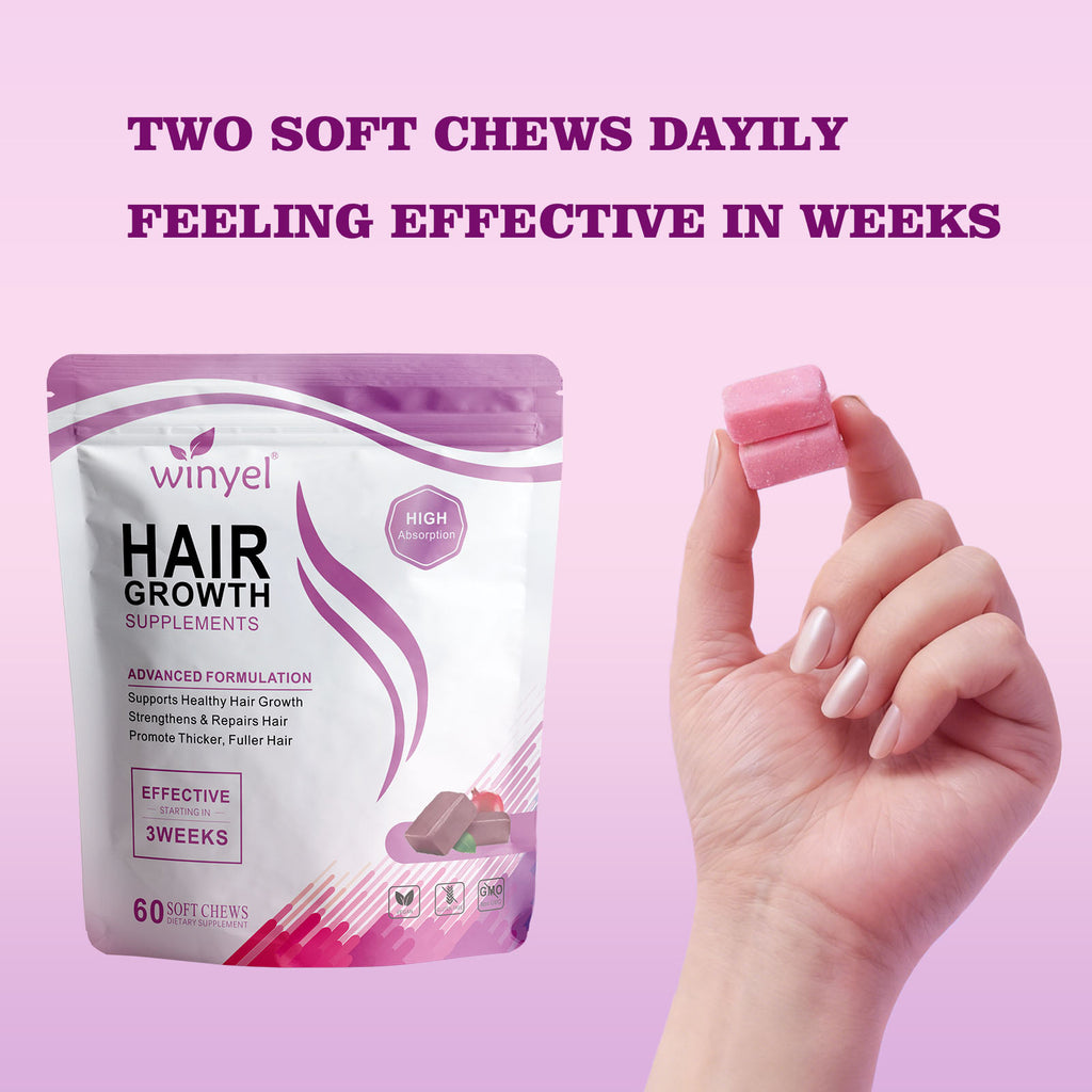 Hair Growth Vitamens WINYEL Hair Growth Soft Chewables, Containing Hair Growth Vitamins For Men And Women, Biotin, To Help Create Thicker, Fuller, And Stronger Hair, Mixed Berries, 60 Soft Chewables.