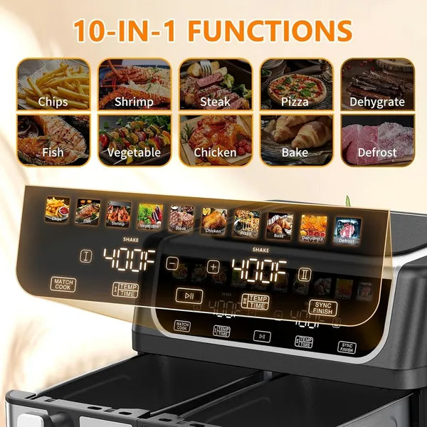 Air Fryer With 9.5 Quart Large Dual Basket  Double Basket, Independent Temp Control & Sync Mode, 10 Presets - Bake&Broil&Defrost&Dehydrate, Shake Reminder System, Compatible For Plug For Appliance