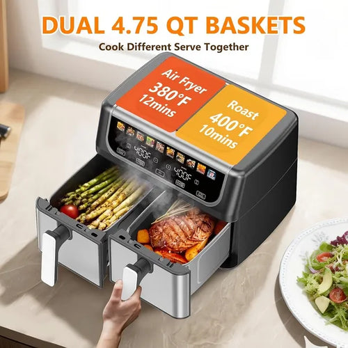 Air Fryer With 9.5 Quart Large Dual Basket  Double Basket, Independent Temp Control & Sync Mode, 10 Presets - Bake&Broil&Defrost&Dehydrate, Shake Reminder System, Compatible For Plug For Appliance