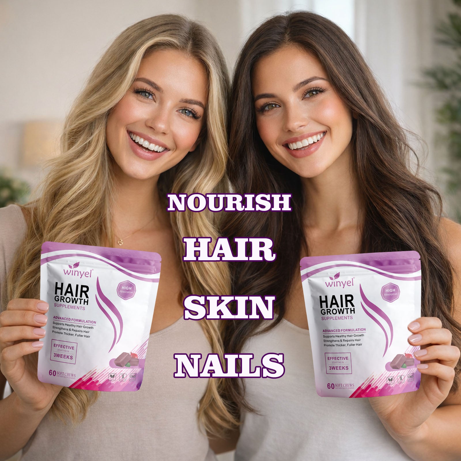 Hair Growth Vitamens WINYEL Hair Growth Soft Chewables, Containing Hair Growth Vitamins For Men And Women, Biotin, To Help Create Thicker, Fuller, And Stronger Hair, Mixed Berries, 60 Soft Chewables.