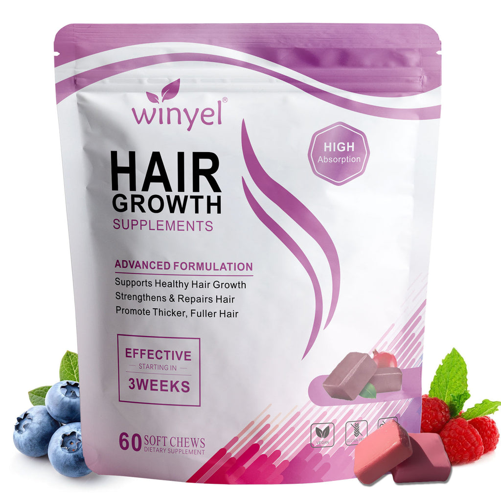 Hair Growth Vitamens WINYEL Hair Growth Soft Chewables, Containing Hair Growth Vitamins For Men And Women, Biotin, To Help Create Thicker, Fuller, And Stronger Hair, Mixed Berries, 60 Soft Chewables.