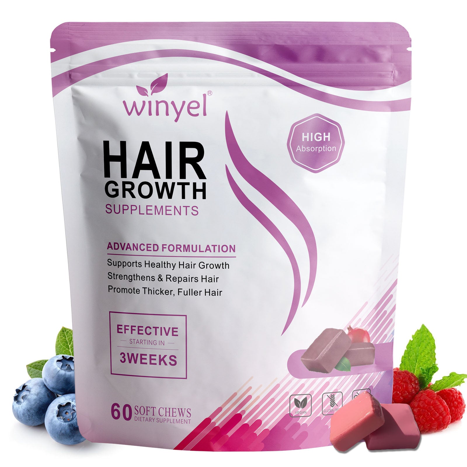 Hair Growth Vitamens WINYEL Hair Growth Soft Chewables, Containing Hair Growth Vitamins For Men And Women, Biotin, To Help Create Thicker, Fuller, And Stronger Hair, Mixed Berries, 60 Soft Chewables.