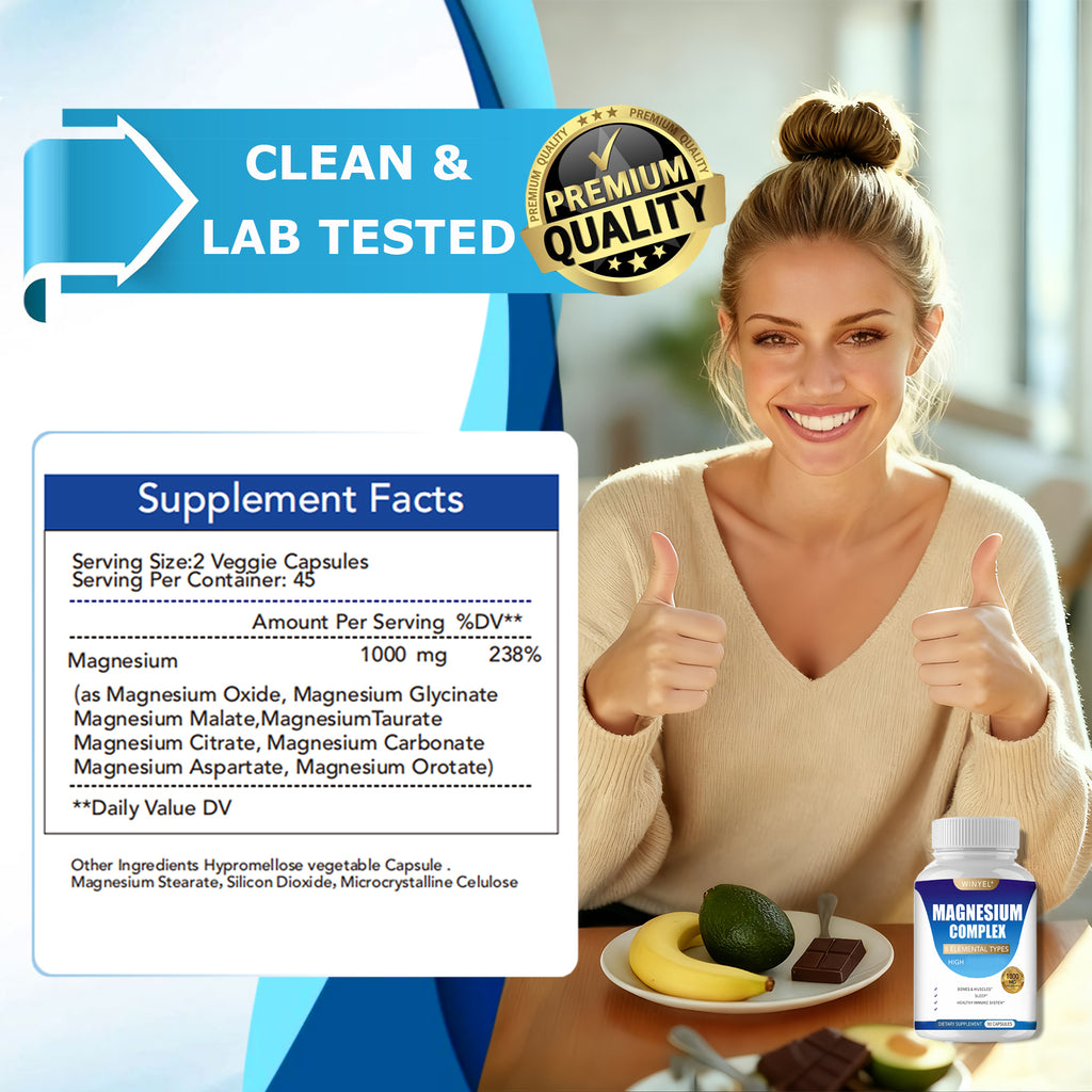 MAGNESIUM COMPLEX CAPSULES                   Wellness Capsules With Malate & Glycinate And 8 ELEMENTAL MAGNESIUM, Supports Health 90 Capsules, Dietary Supplement.