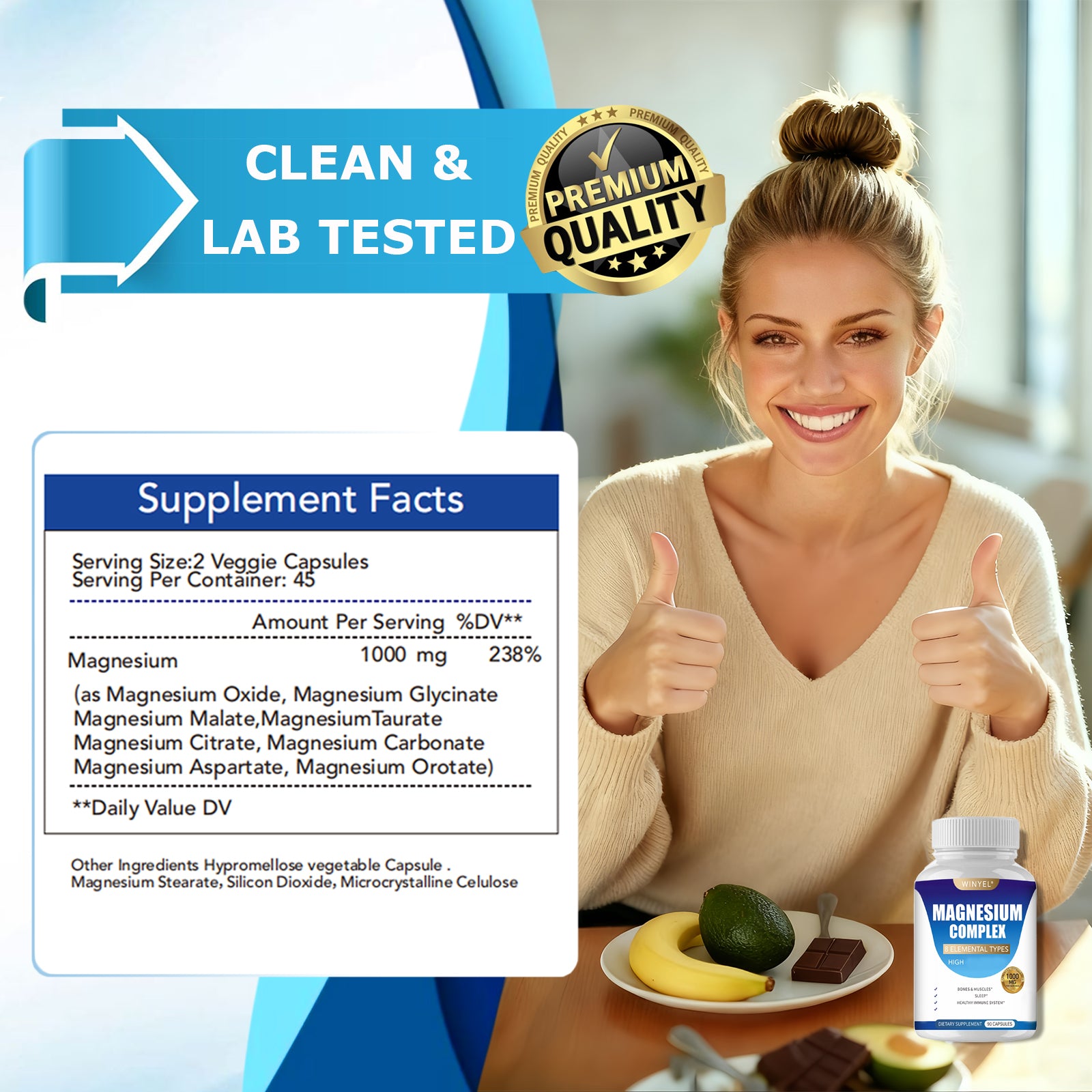 MAGNESIUM COMPLEX CAPSULES                   Wellness Capsules With Malate & Glycinate And 8 ELEMENTAL MAGNESIUM, Supports Health 90 Capsules, Dietary Supplement.