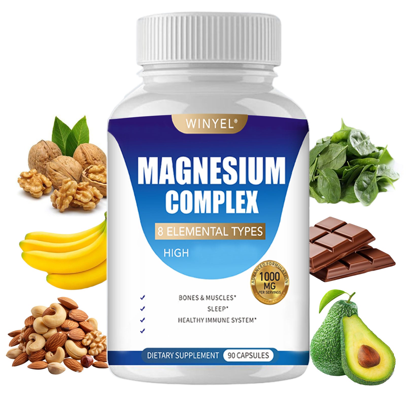 MAGNESIUM COMPLEX CAPSULES                   Wellness Capsules With Malate & Glycinate And 8 ELEMENTAL MAGNESIUM, Supports Health 90 Capsules, Dietary Supplement.