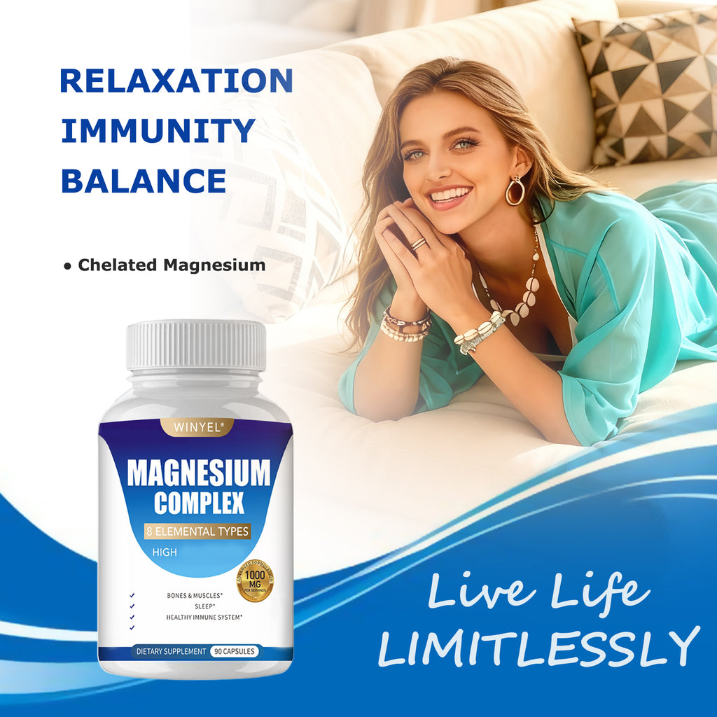 MAGNESIUM COMPLEX CAPSULES                   Wellness Capsules With Malate & Glycinate And 8 ELEMENTAL MAGNESIUM, Supports Health 90 Capsules, Dietary Supplement.